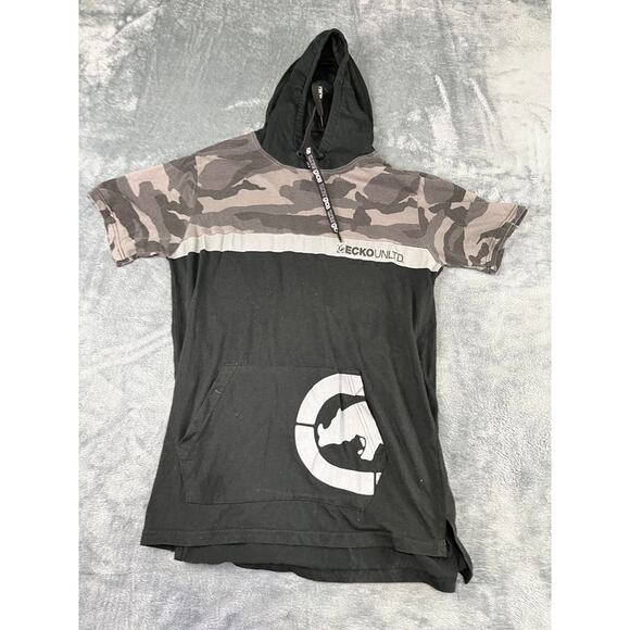 Men’s Ecko UNLTD Black/Camo Short-Sleeve Hoodie With Built-in Face Mask L Exc - Picture 1 of 10